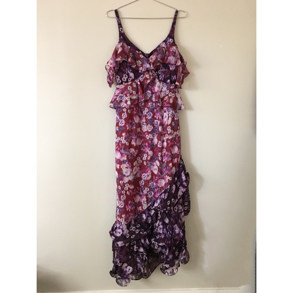 AMUR Moira SILK Maxi Ruffle Dress Gown Floral Boudreaux/Purple 4 - Picture 4 of 8